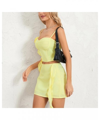 Women Y2k Ruffle 2 Piece Skirt Set Sexy Lace Mesh Crop Top and Mini Skirt Set Summer Beach Party Clubwear Outfits Yellow-tass...