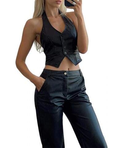 Women Casual Dressy Vest Tops Versatile Racerback Button Waistcoat Retro Goth Tuxedo Suit Waistcoats V Neck Croset Leather Bl...