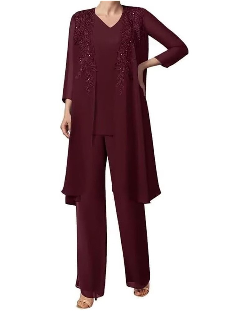 3 Pieces Pant Suits for Women Dressy Chiffon Mother of The Bride Pant Suits for Wedding Formal Evening Dress Dark Burgundy $3...