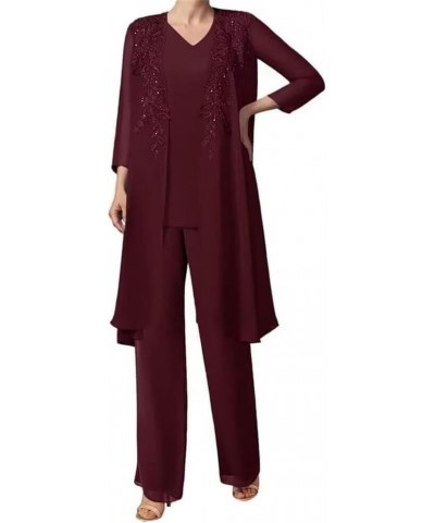 3 Pieces Pant Suits for Women Dressy Chiffon Mother of The Bride Pant Suits for Wedding Formal Evening Dress Dark Burgundy $3...