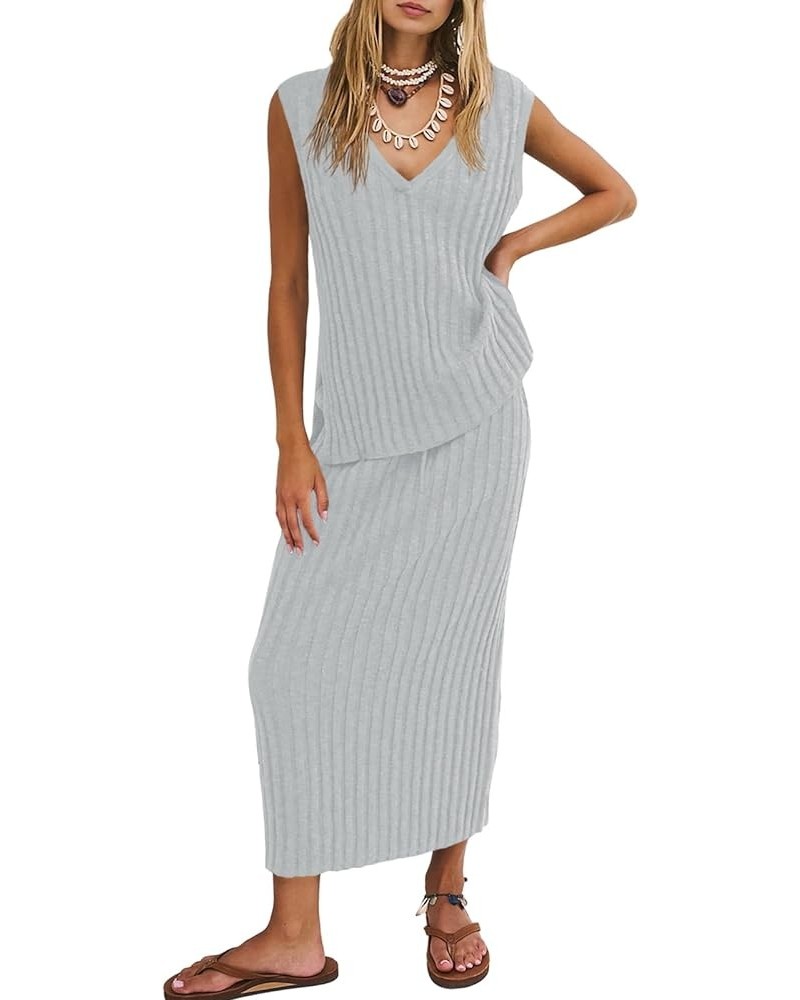 Womens 2 Piece Sweater Sets Tank Tops Knitted Ribbed V Neck Sleeveless Casual Midi Skirt Sets Grey $15.20 Activewear