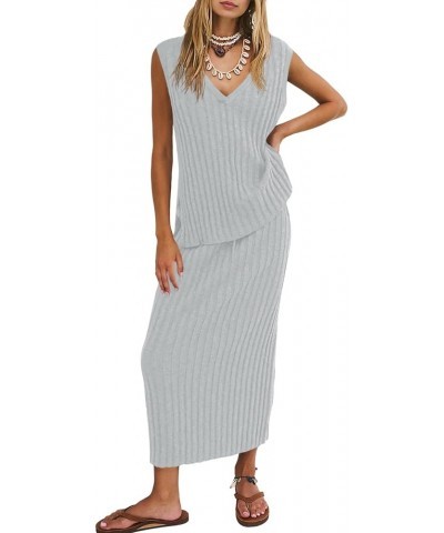 Womens 2 Piece Sweater Sets Tank Tops Knitted Ribbed V Neck Sleeveless Casual Midi Skirt Sets Grey $15.20 Activewear