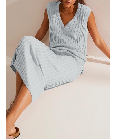 Womens 2 Piece Sweater Sets Tank Tops Knitted Ribbed V Neck Sleeveless Casual Midi Skirt Sets Grey $15.20 Activewear