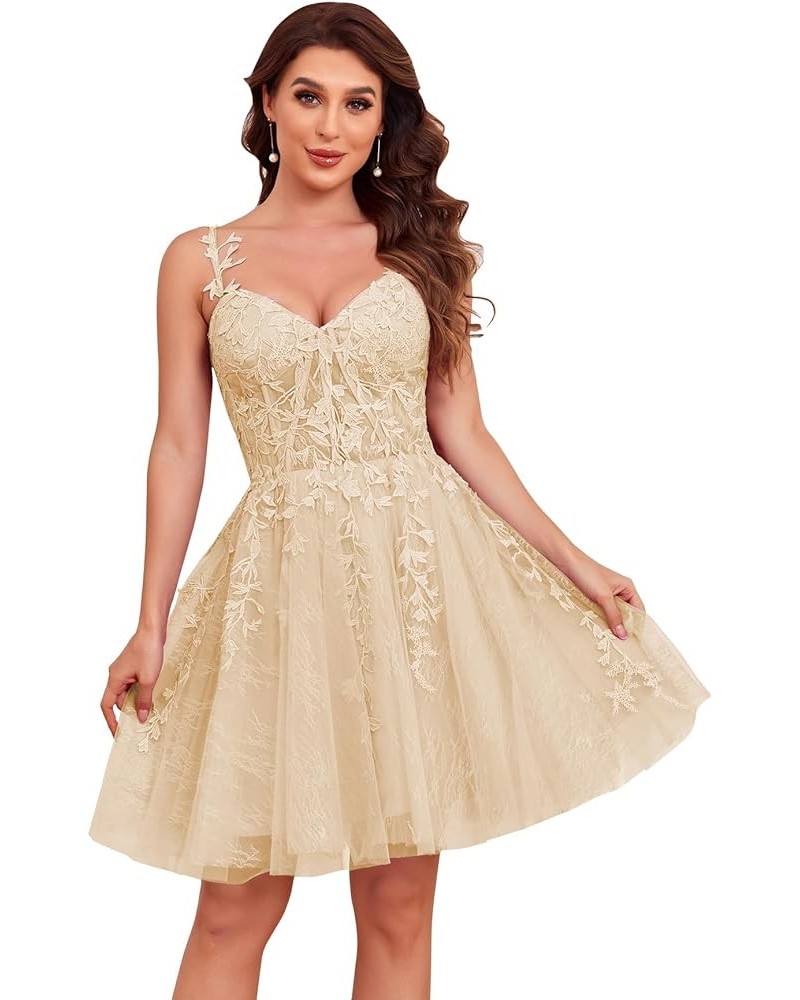 Spaghetti Strap Lace Short Homecoming Dresses for Teens Tulle Short Prom Dresses Cocktail Gowns Champagne $36.00 Dresses