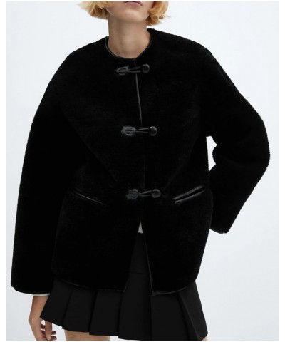 Womens Fuzzy Fleece Jacket Winter Long Sleeve Button Casual Sherpa Coats Warm Outwear With Pockets Black $25.80 Jackets