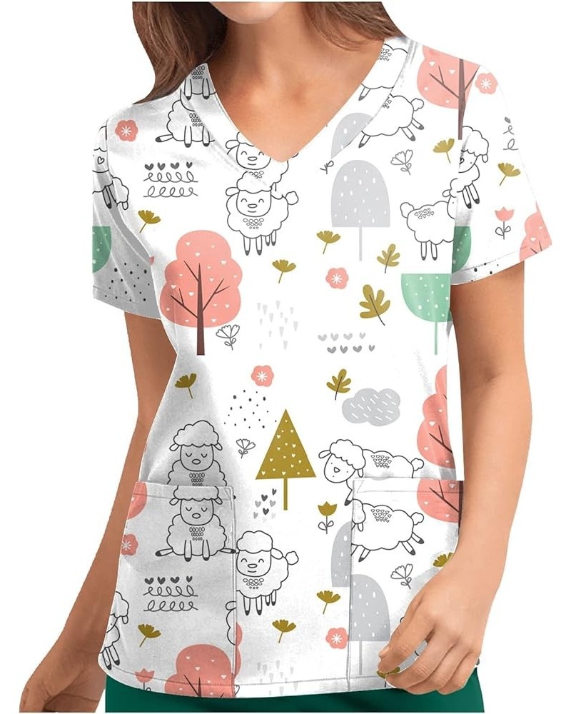 Scrubs Tops Womens Tops Floral Short Sleeve Vneck Classic Scrub Shirts Cartoon Pattern Tshirts with Pockets A4-orange $7.39 Tops