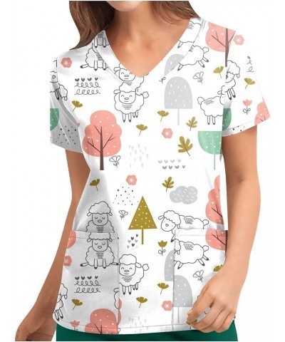 Scrubs Tops Womens Tops Floral Short Sleeve Vneck Classic Scrub Shirts Cartoon Pattern Tshirts with Pockets A4-orange $7.39 Tops