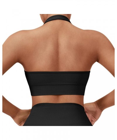 Women Seamless Halter Sports Bra Open Back Padded Workout Crop Tank Tops Light Blue Black $14.99 Lingerie