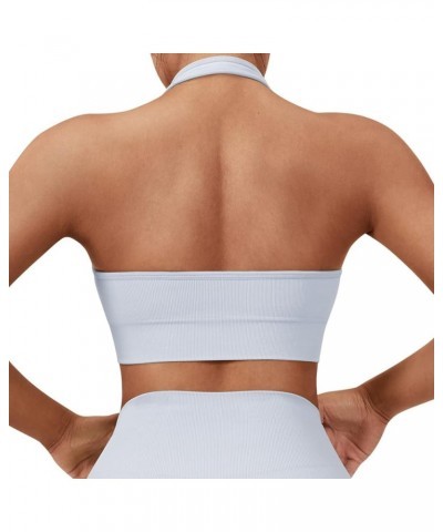 Women Seamless Halter Sports Bra Open Back Padded Workout Crop Tank Tops Light Blue Black $14.99 Lingerie